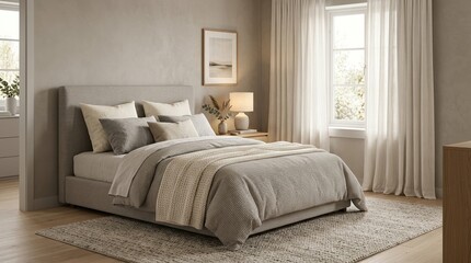 Fototapeta premium Calm gray-beige bedroom with a soft upholstered bed layered in neutral textiles, bedside table, flowing curtains, and a textured