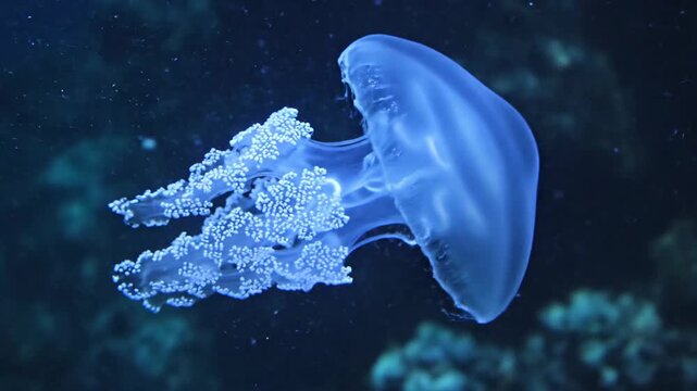 A beautiful glowing jellyfish swimming in the deep ocean