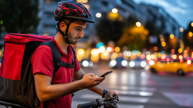 Food delivery cyclist checking multiple app earnings at red light intersection during evening rush hour, smartphone screens glowing with competing platform notifications and route