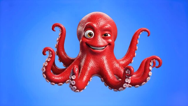 A cheerful 3D red octopus character performing a happy, rhythmic dance. High-quality 3D render on a solid blue studio background, suitable for fun and energetic video content.