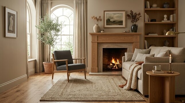 Side view of a stylish cozy home setup with a fireplace, sofa, throw, rug, and oak elements, bathed in soft light with gentle