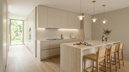 Fototapeta premium Side perspective of an elegant minimal kitchen in beige tones featuring a stone island, seamless cabinets, stools, pendant