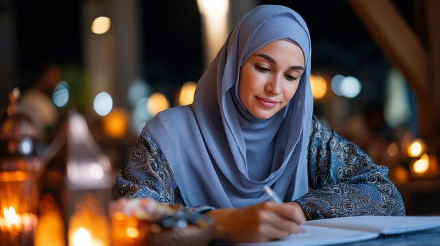 Ramadan evening scene with Muslim woman entrepreneur reviewing microfinance group lending documents while preparing iftar meal, faith-integrated business community development, ide