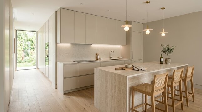 Side perspective of an elegant minimal kitchen in beige tones featuring a stone island, seamless cabinets, stools, pendant