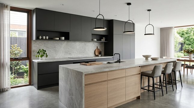 Side perspective of an elegant minimal kitchen with handleless cabinetry in matte finish, a stone island, oak accents, pendant