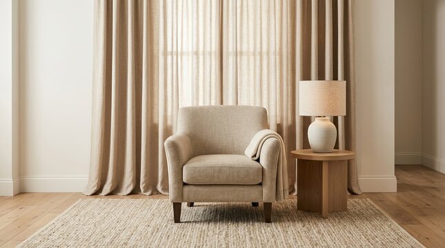 Front-facing view of an empty elegant interior with a single armchair, side table, and ceramic lamp set against a curtain backdrop