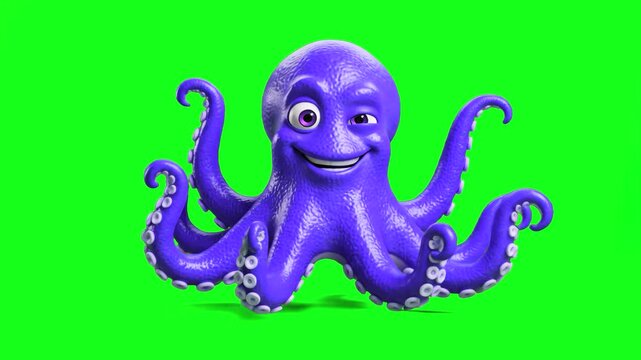 A friendly and cheerful 3D stylized character of a purple octopus waving its tentacles and smiling broadly. Isolated on a chroma key green screen background for easy background removal in children's v