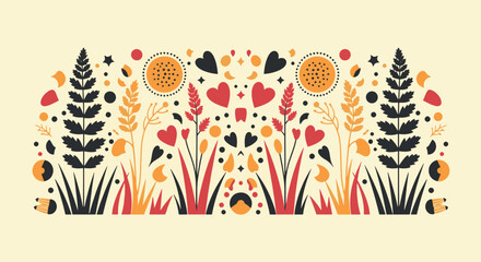 Flat minimalist floral design with botanical elements symmetrical red hearts decorative wheat stalks autumn harvest motifs and earthy orange circles in a stylized hand-drawn vector illustration © Kanon Islam