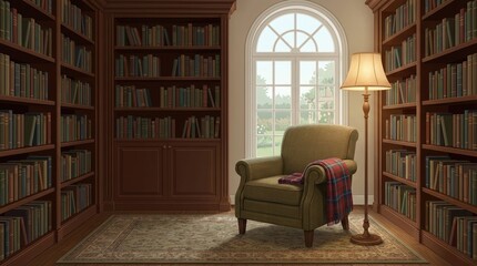 Fototapeta premium Front-facing composition of a classic home library interior showcasing wooden shelves, books, an armchair, a plaid, and a lamp,