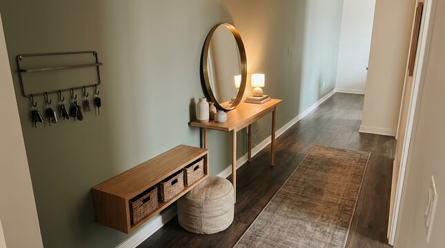 An intimate hallway scene captured from a slightly elevated angle, highlighting a console with decor, a mirror, a pouf, storage