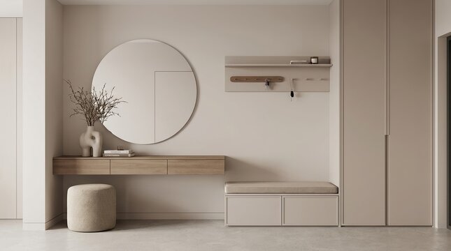 Front-facing composition of a contemporary hallway featuring a console table, mirror, pouf, storage solutions, key holder, and