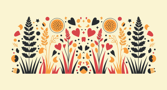 Flat minimalist floral design with botanical elements symmetrical red hearts decorative wheat stalks autumn harvest motifs and earthy orange circles in a stylized hand-drawn vector illustration