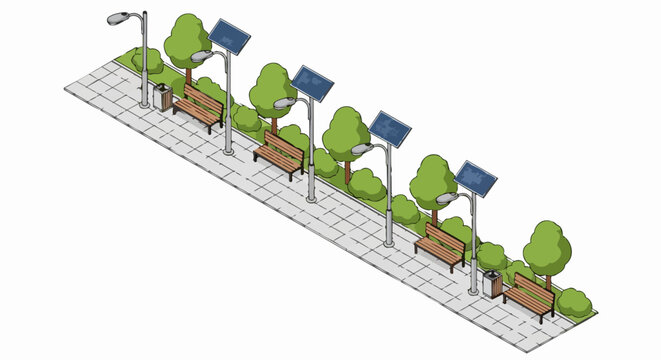Isometric City Park Walkway with Solar Powered Street Lights, Benches, and Green Trees. Sustainable Urban Infrastructure and Smart City Concept Illustration.
