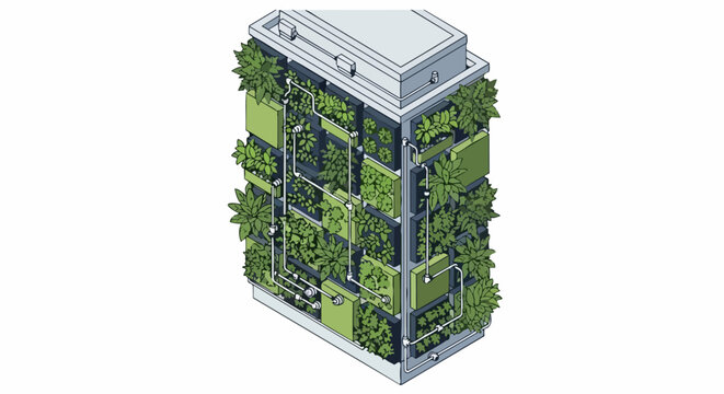 Isometric Modular Vertical Garden Illustration with Integrated Irrigation System, Sustainable Living Wall for Urban Farming and Eco-Friendly Architectural Design