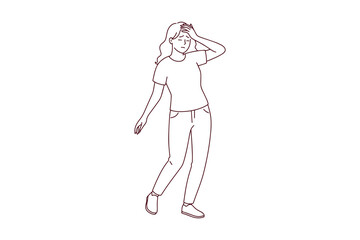 Naklejka premium Black and white coloring page showing a young woman holding her forehead in pain. Educational line art of a person suffering from a headache, dizziness, or about to faint.