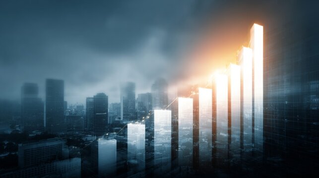 Conceptual Image of Increasing Success with Bar Chart Growth in an Urban Environment