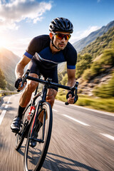 Fototapeta premium Cycling Ascent: A focused cyclist tackles a winding road, embodying the spirit of competition and perseverance against a scenic backdrop of mountains and a brilliant sky.