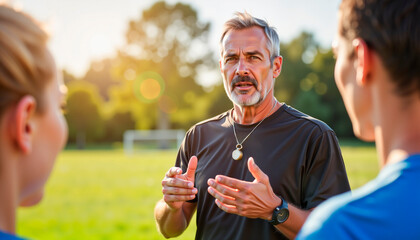 Naklejka premium Coach giving instructions on soccer field, leadership in action