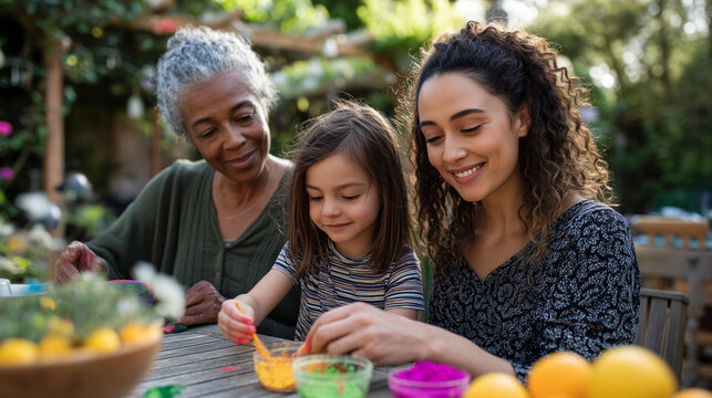 Three generations of interracial family preparing colorful Holi festival powders together in sunlit backyard garden, cultural celebration bridging age and ethnicity gaps, perfect f
