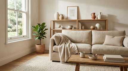 Fototapeta premium Sunlit interior scene showing a neutral living room with a beige linen sofa, draped throw, oak shelf with ceramic accents, and a