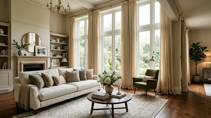 Fototapeta premium Elegant living room with long flowing curtains framing tall windows, featuring a comfortable sofa, a soft rug, a low table, and