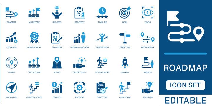 Roadmap icon set. featuring milestone, business strategy, career timeline, success goals, and project planning in blue flat design.