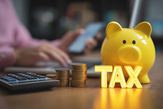 Human, piggy bank, Focused calculating taxes with a yellow piggy bank and coins in a modern office setting for financial planning and budgeting purposes, office, home, modern, minimalist, focused