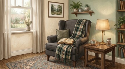 Fototapeta premium Corner view of a relaxing living space with an armchair, lamp, table, book, plaid, rug, and soft lighting, where light enhances
