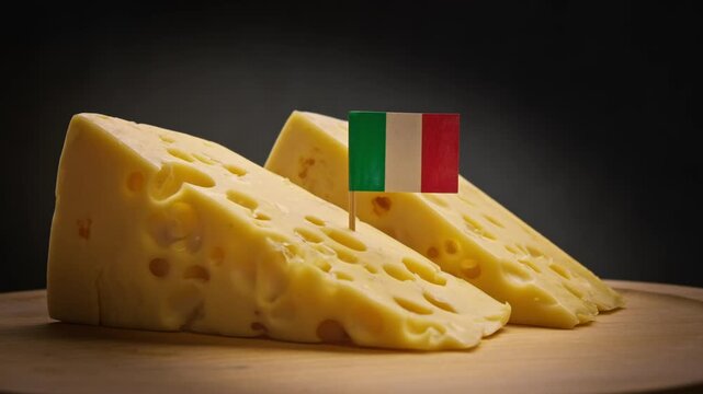 Twirling aromatic cheese wedge sliced with tender parmesan from Italian farms, crisp rind from local farms, holes on wooden board and Italy flag, symbolizing Rome traditions with local produce