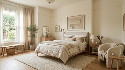 Fototapeta premium Wide interior view of a milk-toned bedroom with a bed, textiles, rug, curtains, and decor, where soft light enhances calmness,