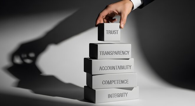 A business person places a Trust block on a foundation of integrity and transparency. This concept shows the essential pillars needed for building a solid professional reputation