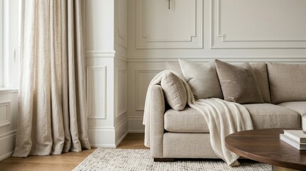 Fototapeta premium Close-up vignette of a beige sofa against detailed molding panels, with a rug, coffee table edge, and curtain softly lit by