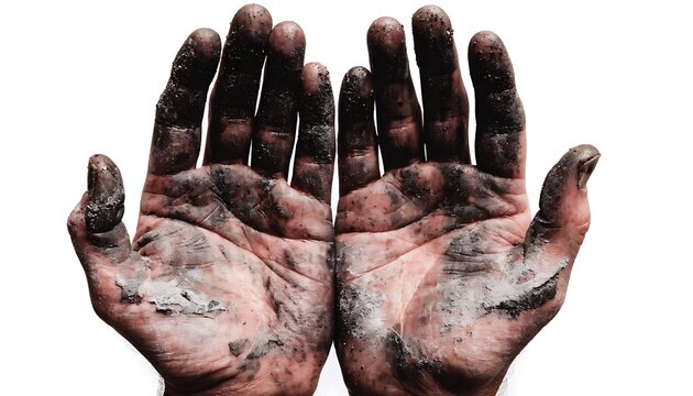 Dirty rough worker hands with open palms facing up. AI GENERATED.
