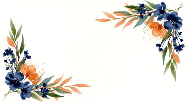 Watercolor floral border with blue and orange flowers and green leaves on white background for design.