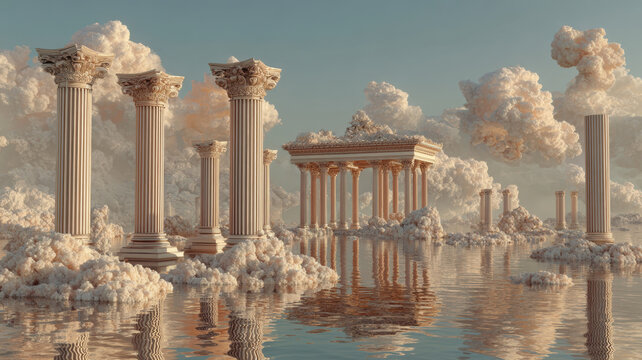 Space universe exploration, fantasy. A vivid portrayal of ancient Greek or Roman architecture, featuring a series of tall, slender columns with intricate carvings and a central pediment.