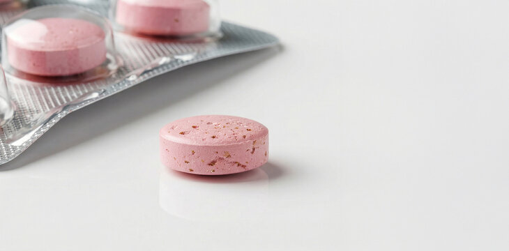 Pink deworming tablet on white background and concept of Domestic Animal Day  