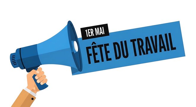 F&ecirc;te du Travail 1er Mai celebration banner, blue megaphone with French Labor Day text, hand holding bullhorn for May Day announcement