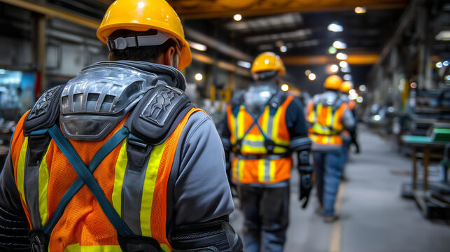 Factory assembly line workers wearing ergonomic support braces, repetitive motion visible under bright industrial lighting, safety posters decorating concrete walls behind, ideal f