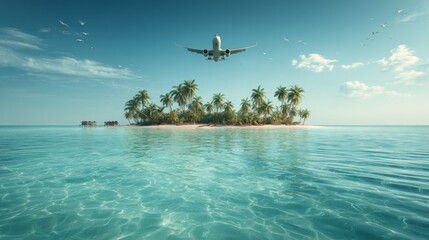 Naklejka premium Airplane Flying Over a Tropical Island with Crystal Clear Water and Lush Palm Trees in a Perfect Vacation Setting