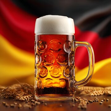 A frothy glass of amber beer with barley grains in front of a blurred German flag background.