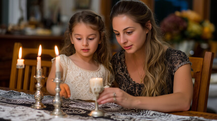 Fototapeta premium Young mother teaching daughter to light Shabbat candles, small hands guided over flames, lace tablecloth and polished silverware, Friday evening family tradition, perfect for herit