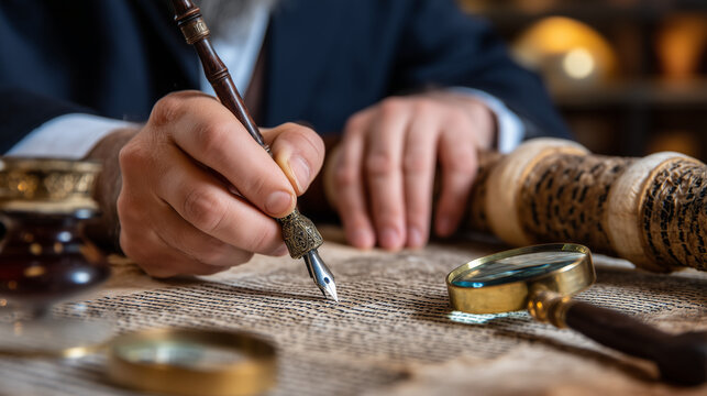 Jewish scribe carefully writing Torah scroll with quill and ink, magnifying glass and ancient parchment on desk, concentrated craftsmanship and sacred text preservation, perfect fo