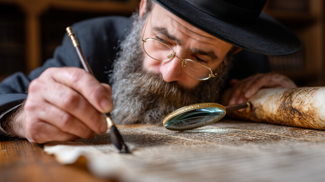 Jewish scribe carefully writing Torah scroll with quill and ink, magnifying glass and ancient parchment on desk, concentrated craftsmanship and sacred text preservation, perfect fo