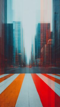 A digitally manipulated cityscape with high-rise buildings and a vibrant, striped pedestrian crossing in the foreground, blending cool and warm color tones.