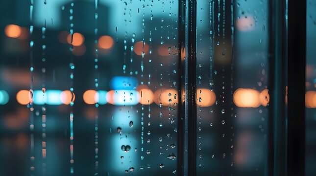 Raindrops on Glass Window with Distorted Reflection Background