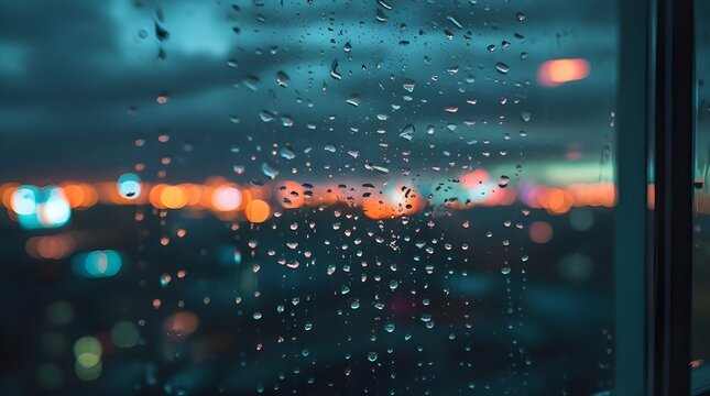 Raindrops on Glass Window with Distorted Reflection Background