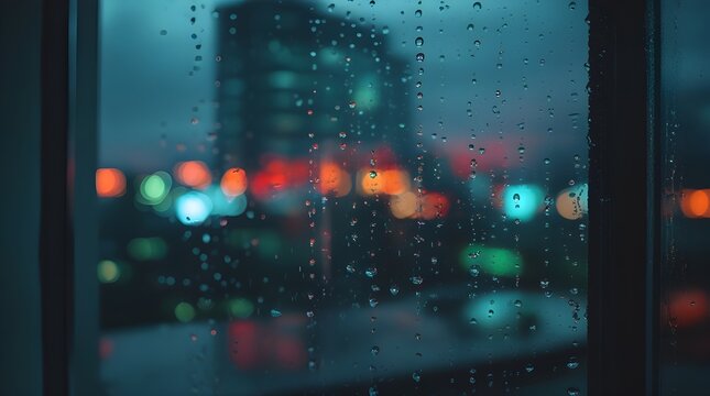 Raindrops on Glass Window with Distorted Reflection Background