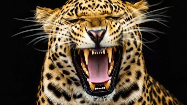 Close-up of a leopard roaring loudly.