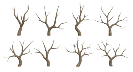 Fototapeta premium collection of eight bare dead trees on a white background useful for winter scenes or concepts