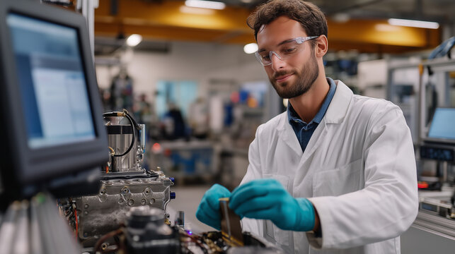 Hydrogen fuel cell maintenance technician replaces platinum catalyst membrane under warm overhead lamps in automotive research lab with diagnostic screens and testing apparatus vis